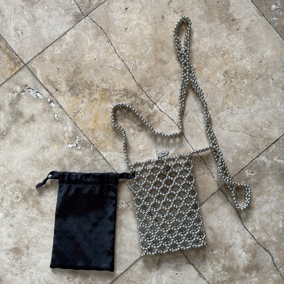 Ladies, black and silver beaded iPhone holder long purse handle top fasten. - Picture 9 of 13